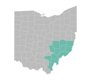 Southeastern Ohio highlighted on a map