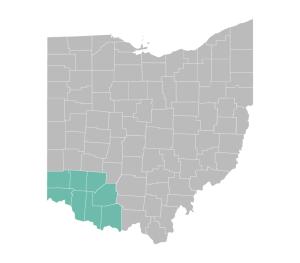 Southwestern Ohio region highlighted on a map